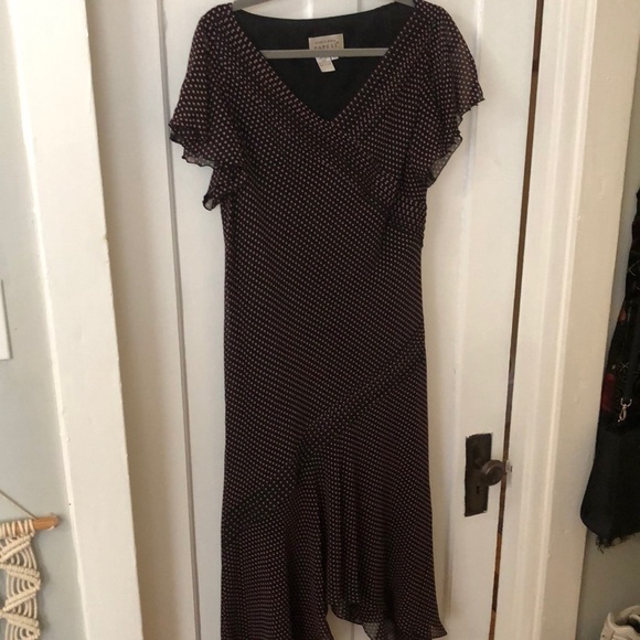 ADRIANNA PAPELL Asymmetric Hem Polka Dot V Neck Short Sleeve Midi Dress Size 12 - Picture 1 of 11